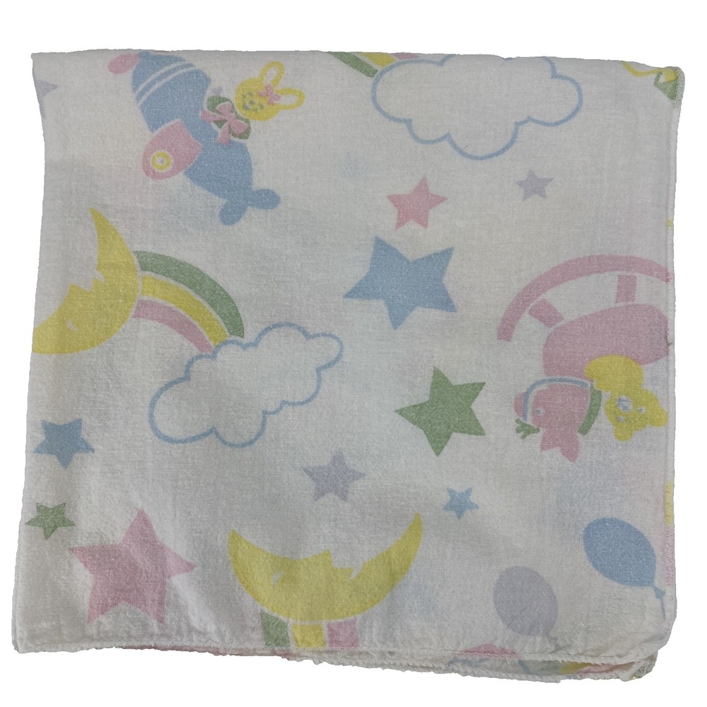 Vtg Beacon Rainbow Baby Blanket White Stars Balloon Bunny Plane Pastel Receiving